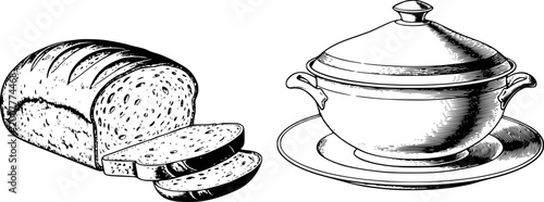 Foto Vintage line of a loaf of bread and a covered soup tureen white background slice