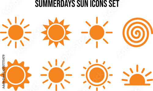 Set of eight orange sun icons isolated on white background