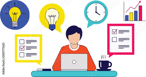 A person works on laptop surrounded by task list, lightbulb ideas, clock and coffee