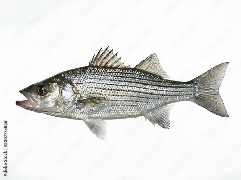 Fototapeta premium High-definition digital graphic of a silver sea bass, set against a stark white backdrop for clear identification.