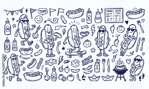 Foto Vector doodle set of hotdog mascots with street food elements