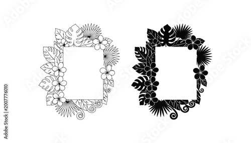 Rectangular tropical floral photo frame with monstera leaves and hibiscus flowers in line art and solid black vector style for summer branding projects