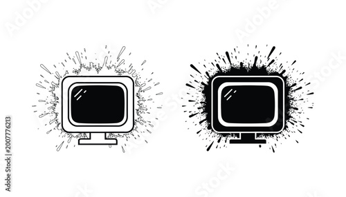 Old television set with dynamic ink splash effect in outline and solid black vector illustration