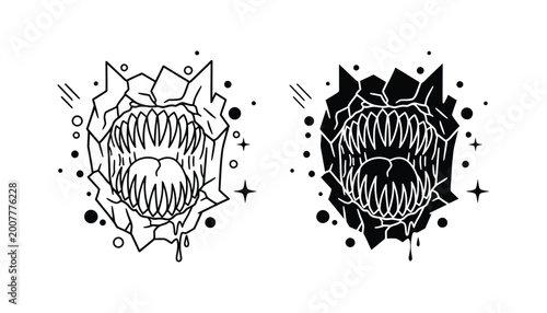 Terrifying monster mouth emerging from broken glass or crystal in outline and solid vector design