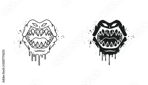 Monster mouth with sharp teeth and dripping substance in outline and solid vector graphic style