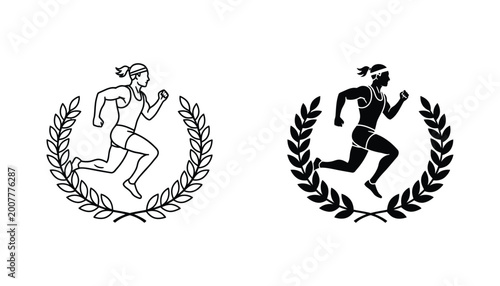 Female runner sprinting inside laurel wreath vector logo for sports and athletic achievement concepts
