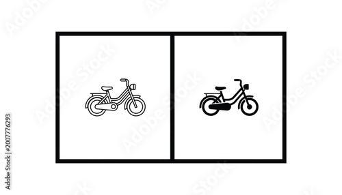 Vintage style bicycle icon inside rectangular frame in outline and solid black vector design