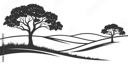 Foto Silhouette trees on rolling hills landscape graphic with grass detail plant life