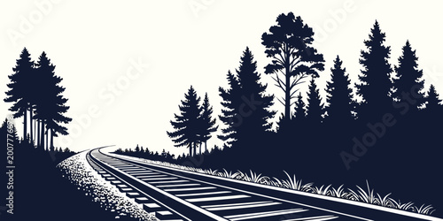 Fotografie Silhouette illustration of curved railroad tracks receding into a dense pine for