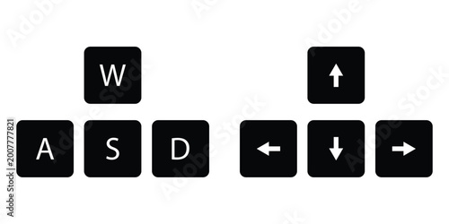 WASD and Arrow Key Direction Icon Set Vector Gaming Keyboard Controls Black and White Minimalist Line Symbols 
Editable Stroke Illustration