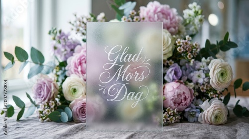 A delicate frosted glass surface with etched lettering “Glad Mors Dag”, surrounded by soft blurred flowers behind the glass, diffused lighting