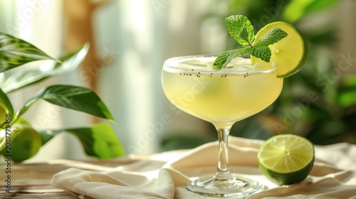 Hugo cocktail garnished with fresh mint and lime in a sunlit garden setting with beautiful bokeh for hospitality and beverage marketing