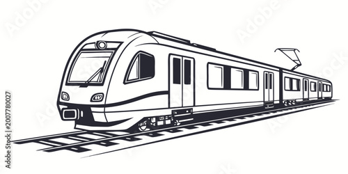 Foto Modern commuter electric passenger train with pantograph on roof traveling on ra
