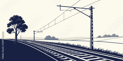 Photos Railway tracks with overhead power lines and tree industrial infrastructure grap
