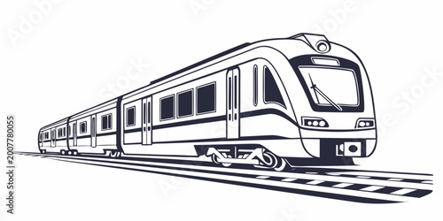 Canvastavla Modern commuter train approaching on railway tracks stylized outline graphic of