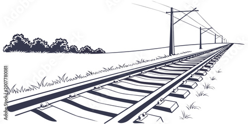 Fényképezés Scenic electrified railway line perspective with rural landscape and tree line r