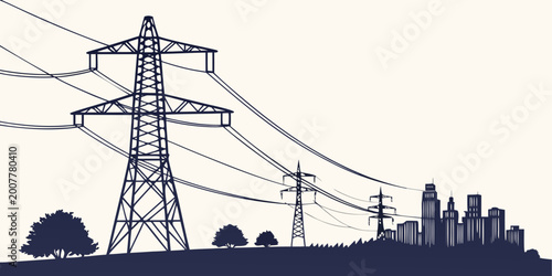 Tableau sur toile Silhouette landscape graphic featuring power pylons and city skyline buildings e