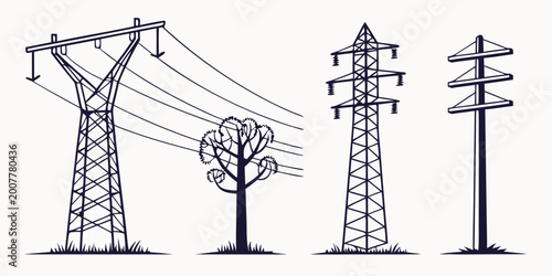 Bild auf Leinwand Collection of various electricity pylon silhouettes and a tree with electricity