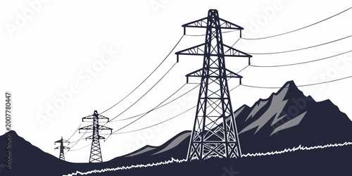 Quadro su tela Mountain landscape with high voltage transmission towers and electric power line