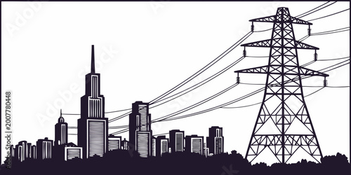 Tableau sur toile Graphic illustration of city skyline with tall skyscrapers and large electrical
