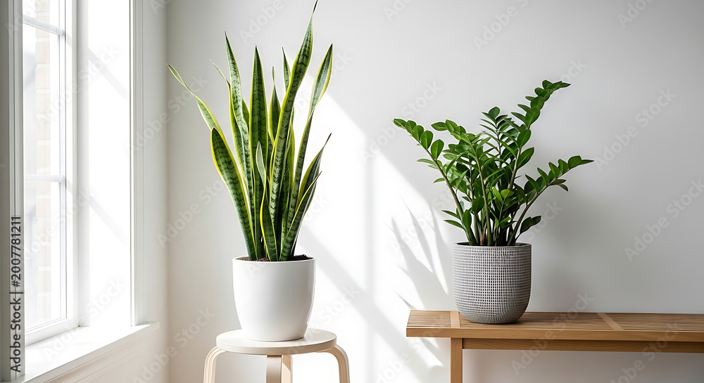 Fototapeta premium Minimalist Home Decor with Sansevieria and ZZ Plants in Stylish Pots Sunlit Airy Interior Background with Natural Light and Soft Shadows for Wellness
