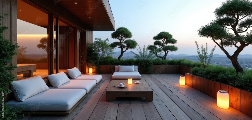 Naklejka premium Modern rooftop terrace with Japanese garden design. White modular sofas and low wooden table set on deck flooring. Outdoor relaxation space.