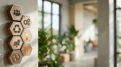 a close up of six wooden blocks on a wall with a blurry background