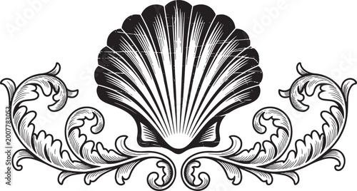 Scallop Seashell Silhouette Ornate Filigree Vector Illustration Black Symmetrical Acanthus Leaf Scroll Border Distressed Grunge Texture
