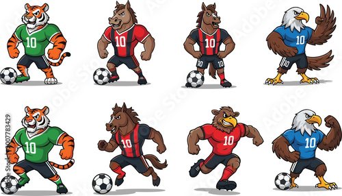 Bild auf Leinwand Cartoon animal soccer vector illustration featuring tiger, wolf, horse, bear, ea