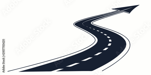 Winding road turning into an arrow pointing upwards with dashed lines direction progress leadership strategy business motivation transportation pavement illustration