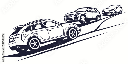 Schilderij op canvas Three cars driving up a steep incline the closest car in a dynamic low-angle per