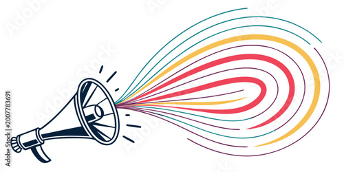 Bild auf Leinwand Megaphone emitting colorful sound waves and lines with announcement graphic mega
