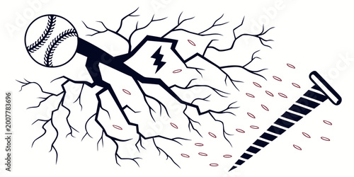 Billede på lærred Baseball flying towards a cracked nail with lightning effect and flying fragment