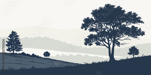 Silhouette of a lone tree on a grassy hill in a hazy mountain range with pine tree rolling hills silhouette landscape mountains background artistic minimalist peaceful