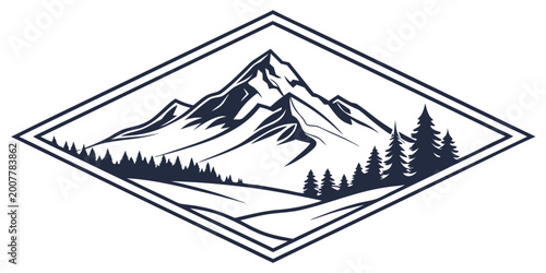 Fotografia Stylized graphic of a mountain range with pine trees in the foreground and a sin