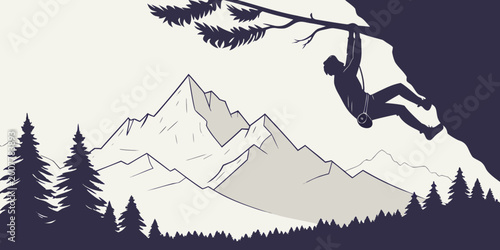 Φωτογραφία Silhouette of rock climber hanging from cliff edge with mountain landscape backg