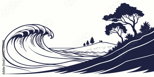 Konstfotografi Dramatic ocean wave crashing near a coastal landscape with hills and trees graph
