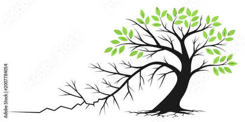 Tableau sur toile Tree with green leaves on one side and broken cracked branches extending to the