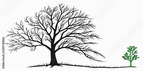 Foto Large leafless tree silhouette next to a small green sapling symbolizing growth