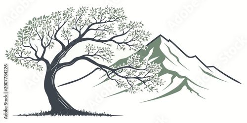 Fotografía Stylized tree with green leaves and a strong dark trunk positioned on a gentle s