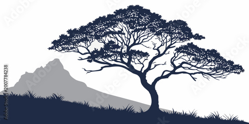Obraz na płótnie Stylized dark blue tree with a wide dense canopy and strong branches perched on