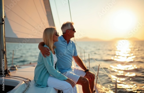 Mature couple enjoys sunset sail on yacht. Man and woman relax together at sea on boat trip. Romantic ocean voyage, luxury vacation, carefree summer leisure.