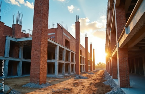Brick building under construction, concrete pillars and rebar visible. Evening sun flares on site, dirt path, urban development project in progress. Building facade work happening now.