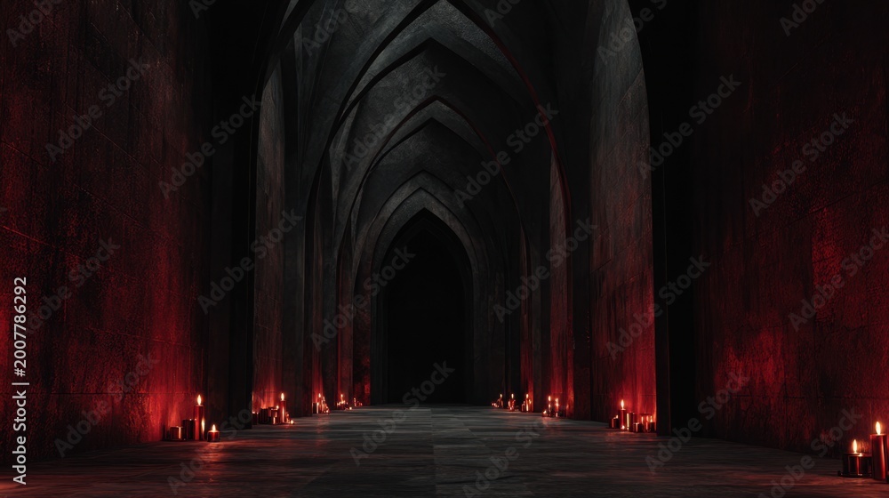 Fototapeta premium Gothic corridor candles dark ritual cathedral tunnel moody architecture mysterious space