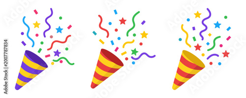 Картината върху платно Set confetti party popper icon, fireworks logo, cap, flat design