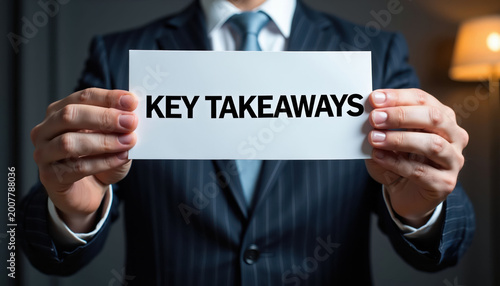 Man in suit holds white card with KEY TAKEAWAYS text. Businessman conveys important message during meeting. Focus on core ideas, main points. Strategy summary, business insight. Corporate