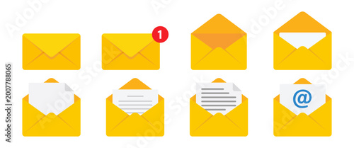 Message icon set. Closed, open and notification envelopes. Email message set for inbox, documents, contacts and postal communication tasks sign.