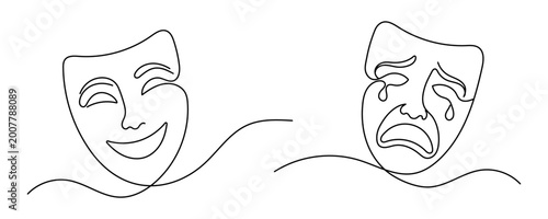 Fotografia Comedy and tragedy theater masks continuous one line drawing Editable stroke