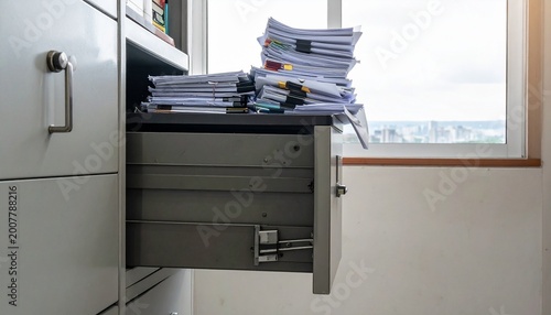 A metal office filing cabinet with an open drawer and stacks of paper documents piled up on top in a bright professional workspace setting.