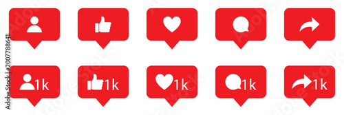 Foto Social Media Notification Icons Set Red Like Comment Share and Follower Counters